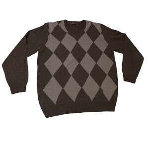 Samuel Windsor Sweater Mens Large Argyle Grey Wool Blend V-Neck